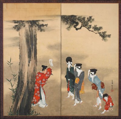 Biombo de dos hojas de papel: Un sacerdote sintoísta, tres mujeres y un niño bajo un pino, Período Edo, c.1799-1801 de Katsushika Hokusai