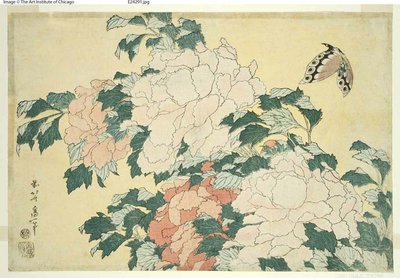 Peonías y mariposa, de una serie sin título de flores grandes de Katsushika Hokusai