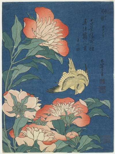 Peonías y canario, c. 1833 de Katsushika Hokusai
