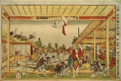 Imagen en perspectiva del ataque nocturno de los 47 vasallos leales de Katsushika Hokusai