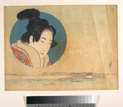 Retrato de una mujer en un círculo grande con un paisaje al fondo de Katsushika Hokusai