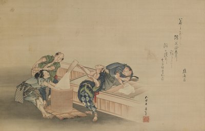 Moliendo arroz para mochi, inscrito por Momomoto Hinamaro, período Edo, c.1822 de Katsushika Hokusai