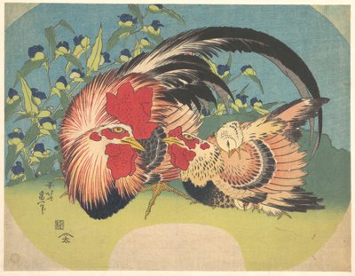Gallo, gallina y pollito con hierba de araña de Katsushika Hokusai