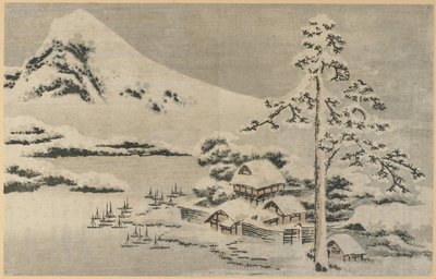 Pueblo costero nevado de Katsushika Hokusai