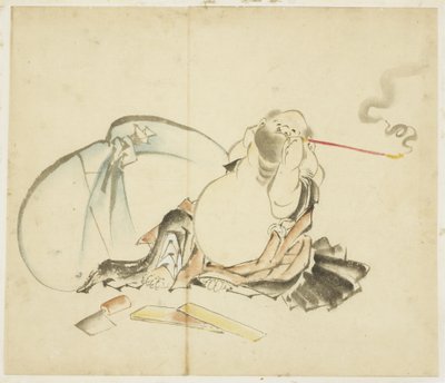 Hotei sentado fumando una pipa de Katsushika Hokusai