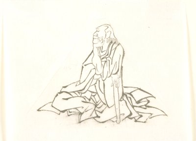 Anciano sentado, apoyado en un bastón de Katsushika Hokusai