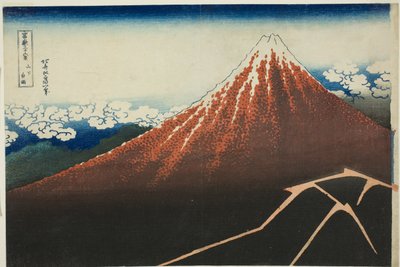 Lluvia bajo la cumbre (Sanka hakuu), de la serie "Treinta y seis vistas del monte Fuji (Fugaku sanjurokkei)" de Katsushika Hokusai