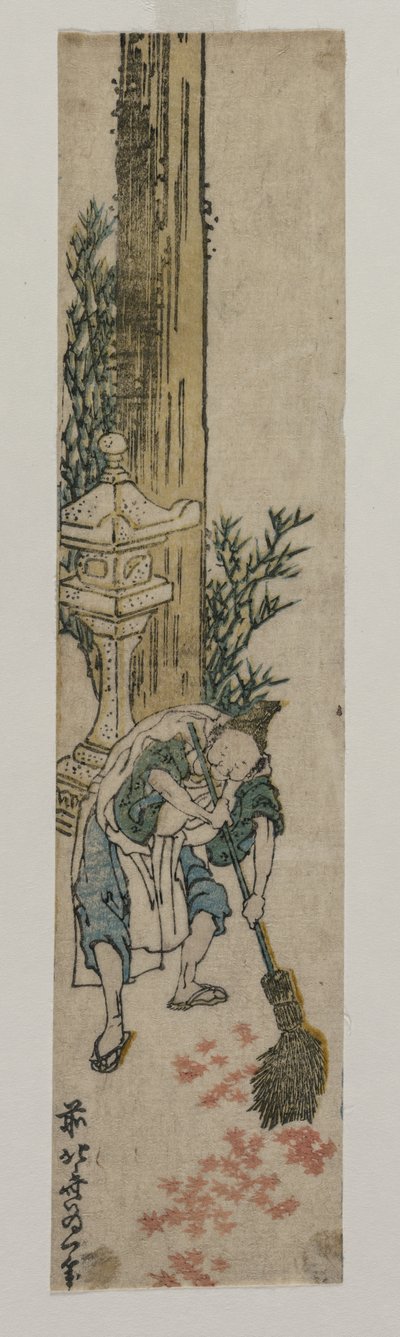 Asistente del santuario rastrillando hojas de arce, c. 1830 o principios de 1830s de Katsushika Hokusai