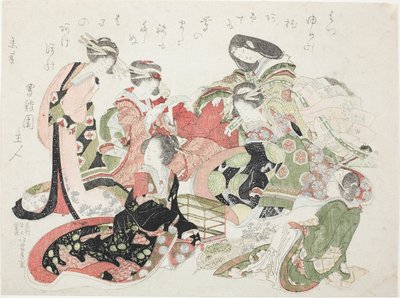 Seis mujeres sentadas alrededor de una jaula de pájaros de Katsushika Hokusai