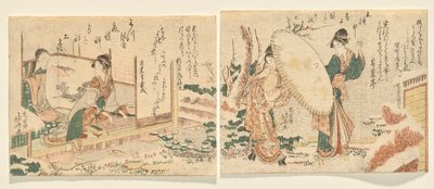 Snowy Morning: Dos mujeres caminan en un jardín cubierto de nieve en snow-geta con un paraguas; L: Mujer joven toca el koto y mira a su madre de Katsushika Hokusai