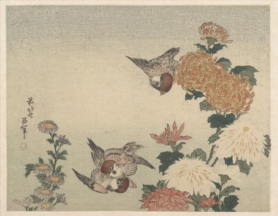 Gorriones y crisantemos de Katsushika Hokusai