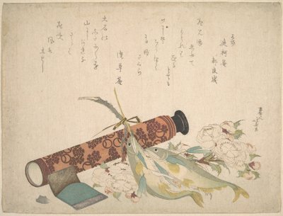 Naturaleza muerta: rama doble de cerezo en flor, telescopio, pez dulce y estuche de pañuelos de Katsushika Hokusai