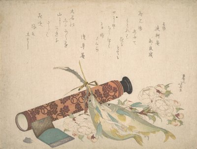 Naturaleza muerta: Rama de cerezo doble, telescopio, pez dulce y estuche de pañuelos, ca. 1804-13 de Katsushika Hokusai