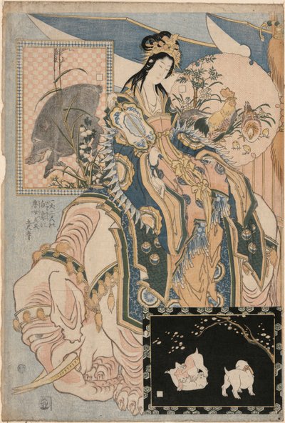 Tang Lady sobre un elefante blanco, de un conjunto publicitario de obras de paja gigantes en una atracción de feria de Katsushika Hokusai