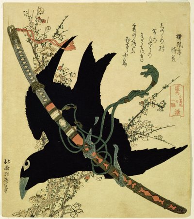 El pequeño cuervo con la espada del clan Minamoto, c.1823 (xilografía en color) de Katsushika Hokusai