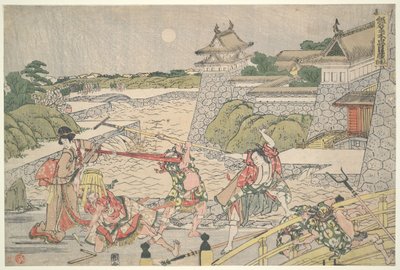 La liga leal de los cuarenta y siete rōnin (Chūshingura),  Acto III: Kampei es atacado por Bannai y sus hombres de Katsushika Hokusai
