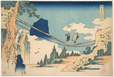 El puente colgante en la frontera entre las provincias de Hida y Etchū (Hietsu no sakai tsuribashi), de la serie «Vistas destacadas de puentes en diversas provincias» (Shokoku meikyō kiran) de Katsushika Hokusai