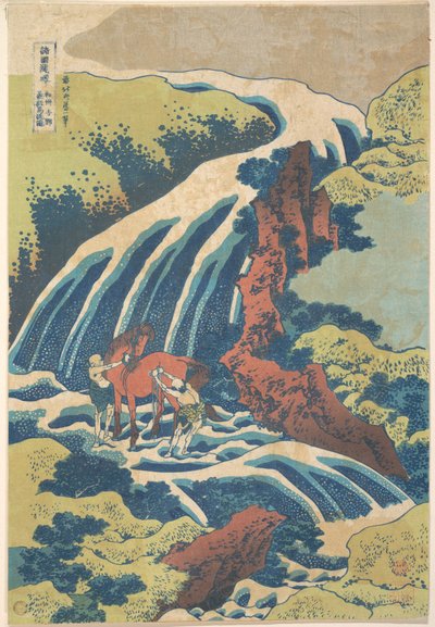 La cascada donde Yoshitsune bañó a su caballo en Yoshino, en la provincia de Yamato (Washū Yoshino Yoshitsune uma arai no taki), de la serie «Un recorrido por las cascadas de diversas provincias» (Shokoku taki meguri) de Katsushika Hokusai