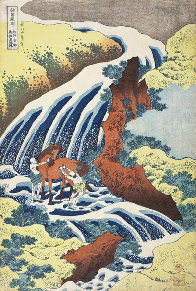 Las cataratas de Yoshitsune, donde se lavaba el caballo, en Yoshino, provincia de Izumi de Katsushika Hokusai