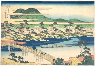 Puente Togetsu en Arashiyama en Yamashiro, de la serie Vistas notables de puentes en varias provincias (Shokoku meikyō kiran), c.1830 (xilografía en color). de Katsushika Hokusai