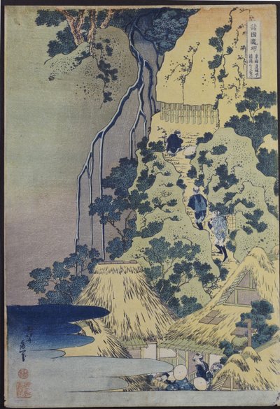Viajeros subiendo una colina empinada para rendir homenaje a un santuario de Kannon en una cueva junto a la cascada de Katsushika Hokusai