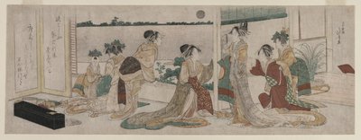 Tsukasa y otras cortesanas de Ogiya observando la luna de otoño sobre los campos de arroz desde un balcón en Yoshiwara de Katsushika Hokusai