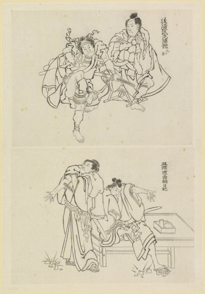 Dos escenas escénicas, una con dos samuráis y otra con dos figuras en una mesa. de Katsushika Hokusai