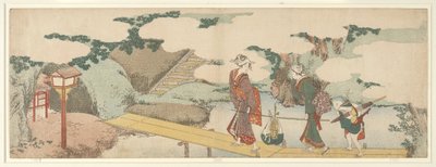 Dos mujeres y un niño en el paseo marítimo de Katsushika Hokusai