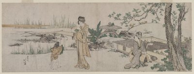 Dos mujeres y un niño junto a un tanque de peces dorados de Katsushika Hokusai