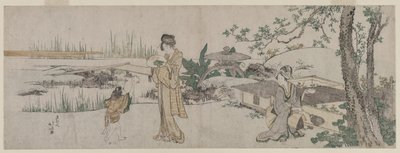 Dos mujeres y un niño junto a un tanque de peces dorados, c. 1800 de Katsushika Hokusai