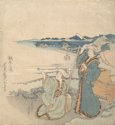 Dos jóvenes damas en la orilla, una señalando de Katsushika Hokusai