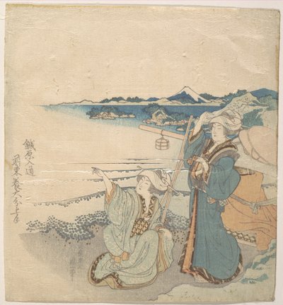 Dos jóvenes en la orilla; una de ellas señala de Katsushika Hokusai