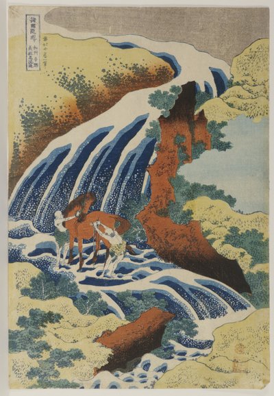 Dos hombres lavando un caballo en una cascada de Katsushika Hokusai