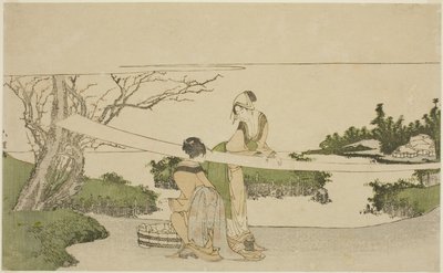 Dos mujeres estirando tela de Katsushika Hokusai