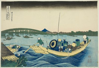 Viendo el atardecer sobre el puente Ryogoku desde el terraplén Onmaya (Onmayagashi yori Ryogokubashi sekiyo o miru), de la serie "Treinta y seis vistas del monte Fuji (Fugaku sanjurokkei)" de Katsushika Hokusai