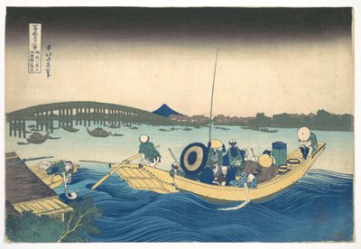Vista de la puesta de sol sobre el puente de Ryōgoku desde el terraplén de Onmaya (Onmayagashi yori Ryōgokubashi sekiyō o miru), de la serie «Las treinta y seis vistas del monte Fuji» (Fugaku sanjūrokkei) de Katsushika Hokusai
