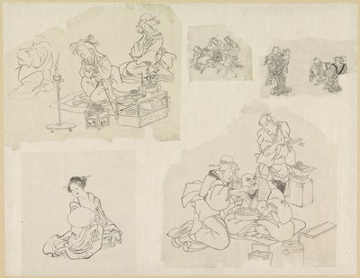 Cinco representaciones de personas en diferentes situaciones. de Katsushika Hokusai