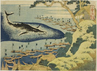 Caza de Ballenas en la Costa de las Islas Goto (Goto kujira tsuki), de la serie "Mil Imágenes del Océano (Chie no umi)" de Katsushika Hokusai