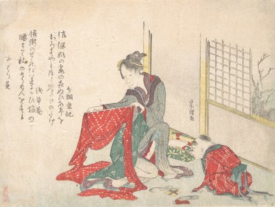 Mujer doblando tela, finales del siglo XVIII-principios del siglo XIX de Katsushika Hokusai