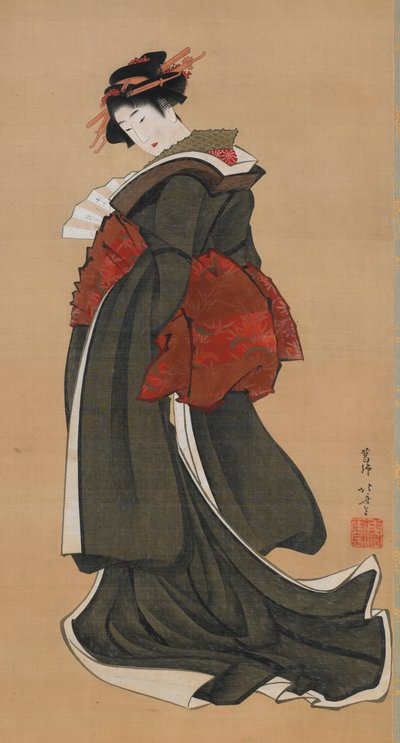 Mujer sosteniendo un abanico, período Edo, ca. 1810-1811 de Katsushika Hokusai