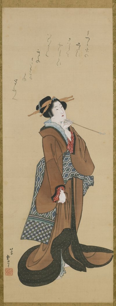 Mujer sosteniendo una pipa de tabaco, período Edo, c.1814-15 de Katsushika Hokusai