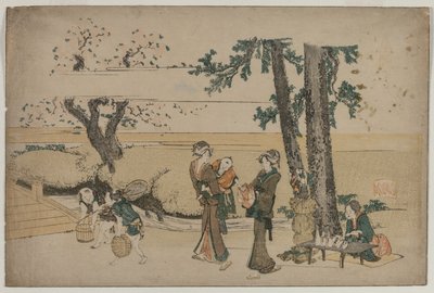 Mujer pasando por una tienda al borde del camino cerca de Oji de Katsushika Hokusai