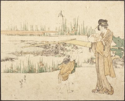 Mujer y niño en un jardín; fragmento de «El vendedor de peces de colores» de Katsushika Hokusai