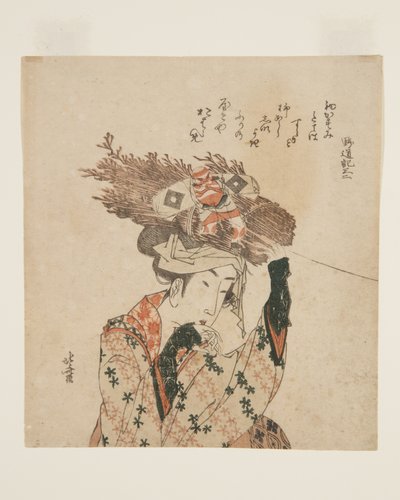 Mujer de ?hara con un fardo de leña y una cometa de Katsushika Hokusai