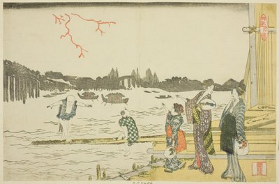 Mujeres y niños viendo los fuegos artificiales de Katsushika Hokusai