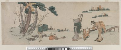 Mujeres distrayendo a un niño cuyo cometa está atrapado en un árbol, período Edo, c.1800 de Katsushika Hokusai