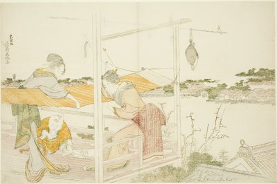 Mujeres en una veranda estirando tela para secar de Katsushika Hokusai