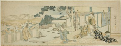 Mujeres en la veranda mirando a una chica que recoge flores de Katsushika Hokusai