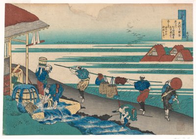 Trabajadores, junto al mar, tiñendo tela, de Hyakunin, Cien Poemas Explicados por la Nodriza de Katsushika Hokusai
