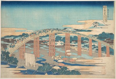 Puente de Yahagi en Okazaki, en la Tōkaidō (Tōkaidō Okazaki Yahagi no hashi), de la serie «Vistas destacadas de puentes en diversas provincias» (Shokoku meikyō kiran) de Katsushika Hokusai